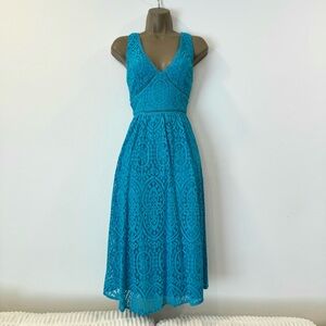 NWT Teal blue lace knee length dress with pockets v neck